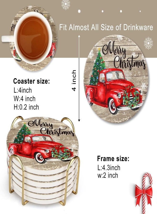 Dksyee 6 Pcs Red Truck Christmas Coasters with Holder Best Absorbent Ceramic Coaster Set Round Vintage Drink Christmas Coasters Gift Xmas Holiday Coffee Table Cup Coaster for Festival, Decor, Living Room - Image 2